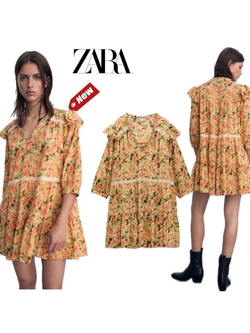 Zara pink green floral flower ruffle crochet babydoll mini dress prairie S NWT